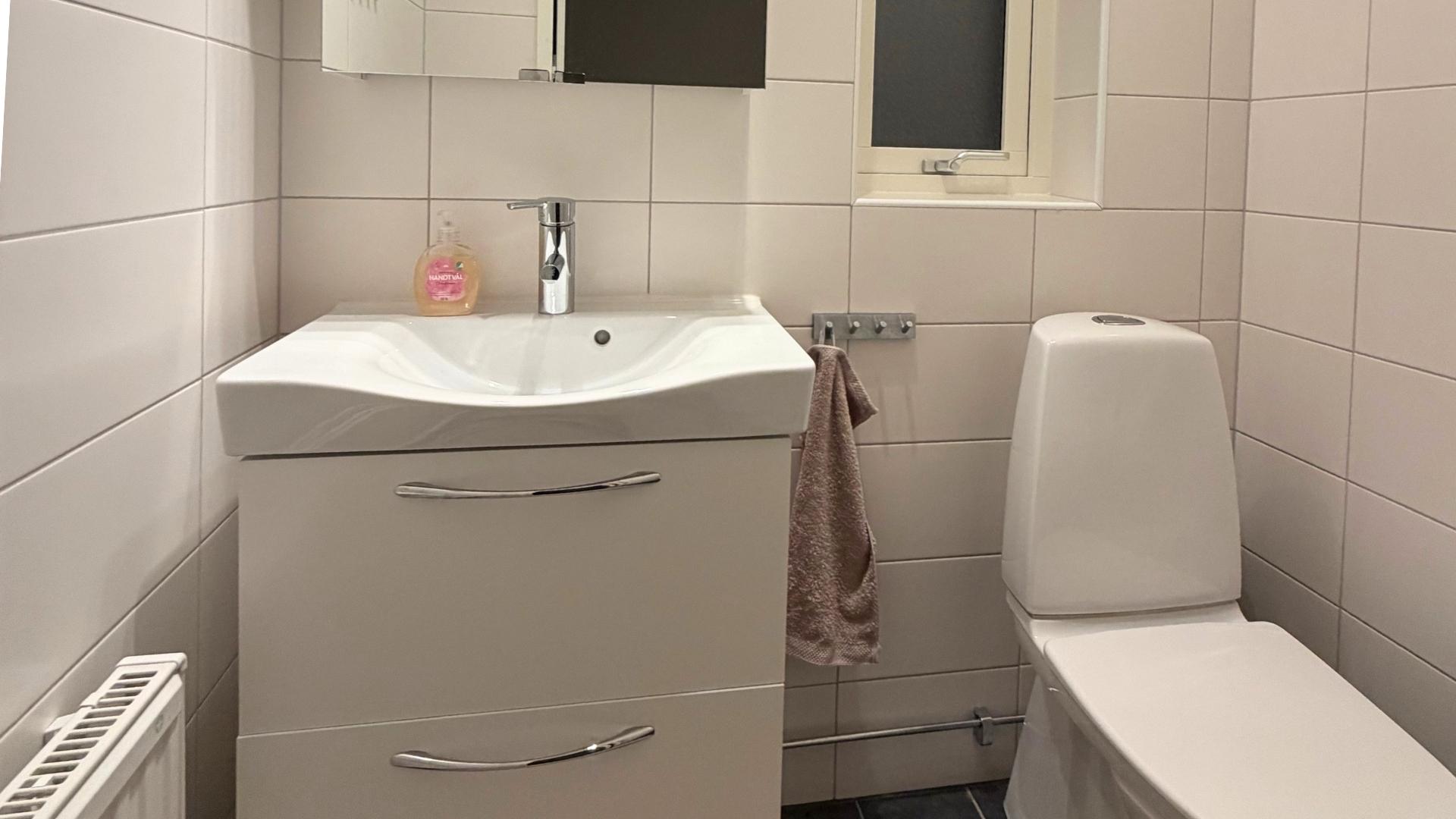 Gästtoalett med handfat i sommarhuset Apelgården 81 på Tjörn